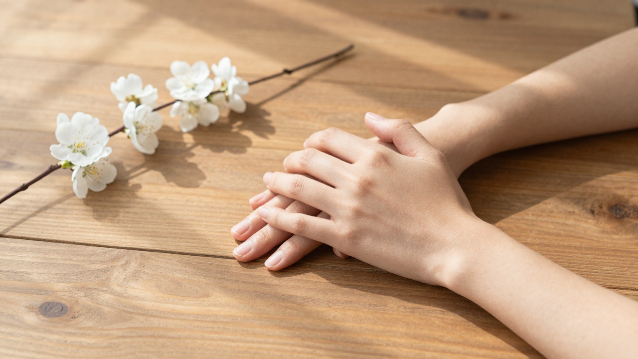 papillons dans le ventre relation durable - Wide shot of two intertwined hands resting on a sunlit wooden table beside simple white blossoms, so