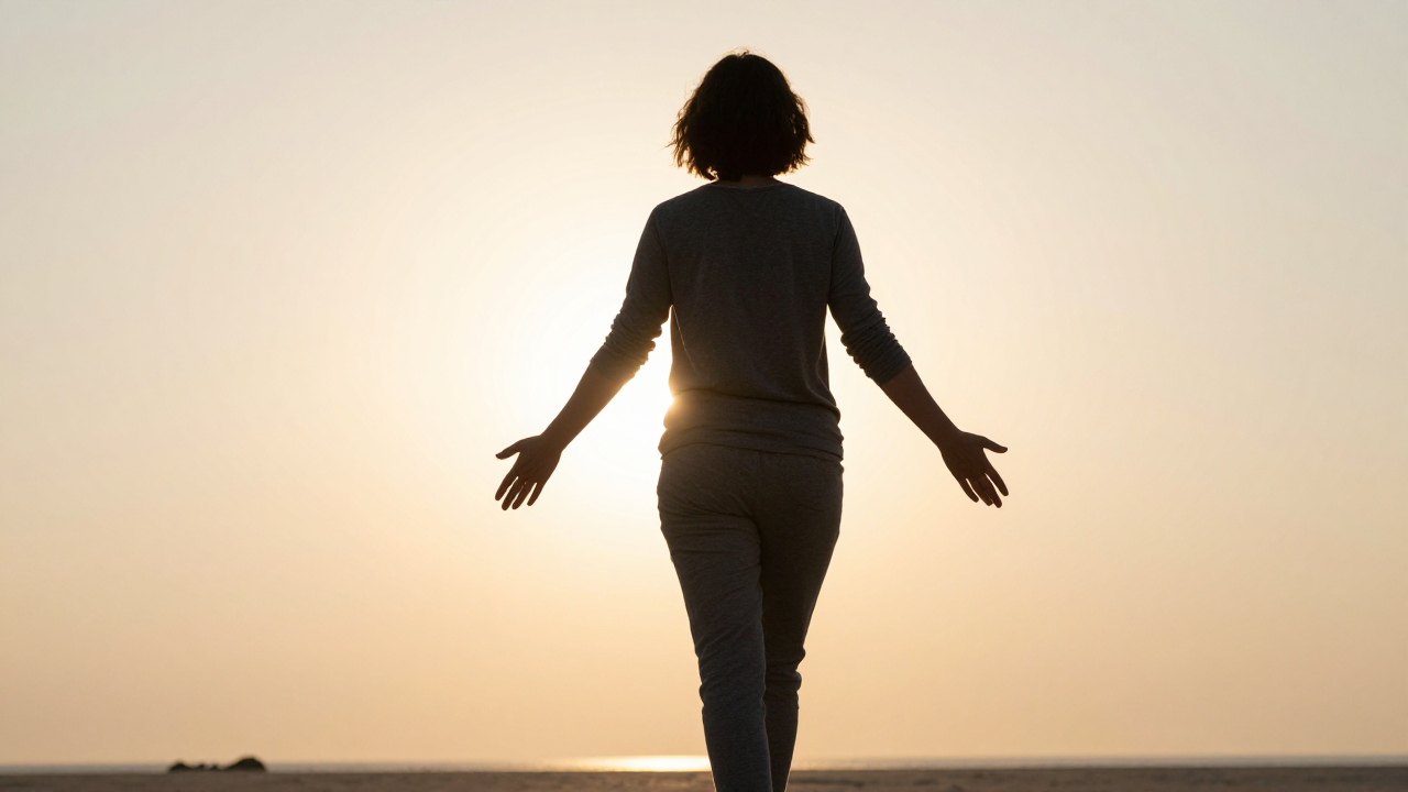 loi attraction importance ressenti action - Professional photograph, 16:9, person walking toward bright sunrise with open hands, serene expressi