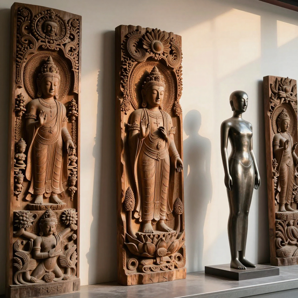 Jupiter Ascending réalité spiritualité - A professional photograph showing ancient wooden carvings beside sleek metallic sculptures, bathed i