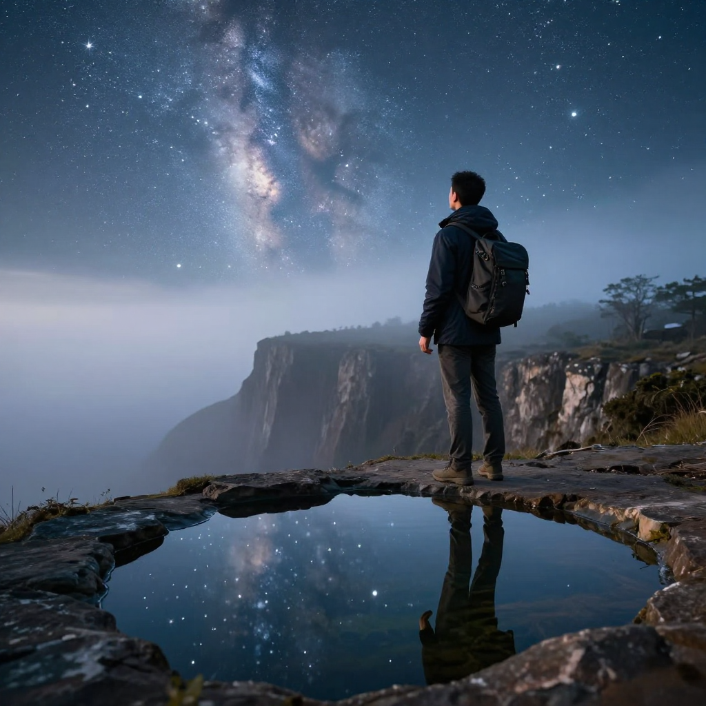 Jupiter Ascending réalité spiritualité - A professional photograph capturing an elegant traveler on a misty cliff, gazing at a luminous starf