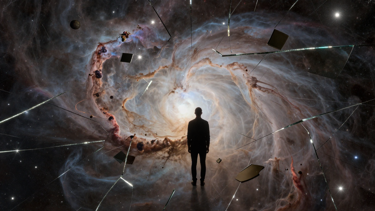 Jupiter Ascending réalité spiritualité - A professional photograph of a cosmic vista where a solitary figure stands between shimmering nebula