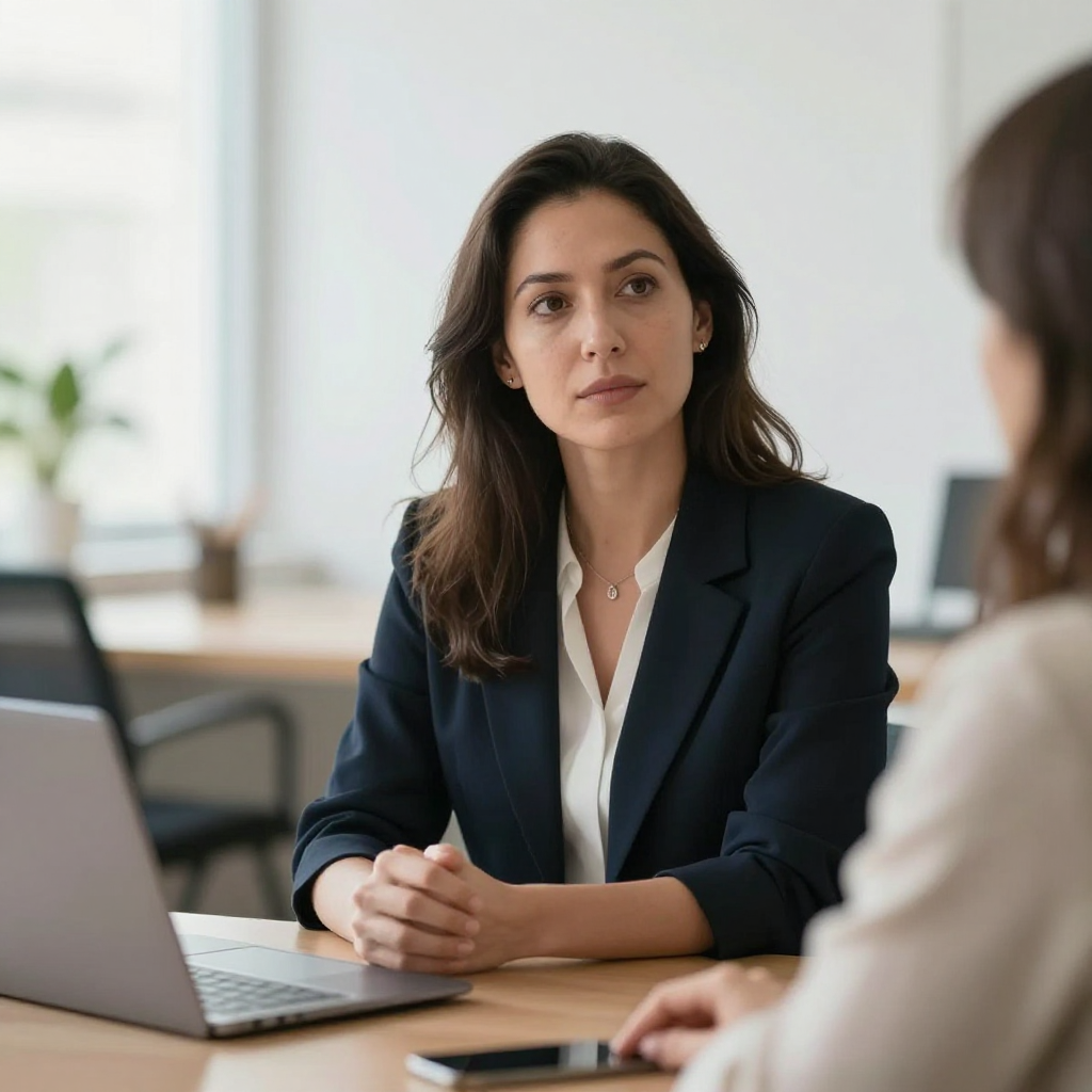 peur de dire non - Professional photograph of a calm woman pausing mid-conversation in a bright workspace, posture rela