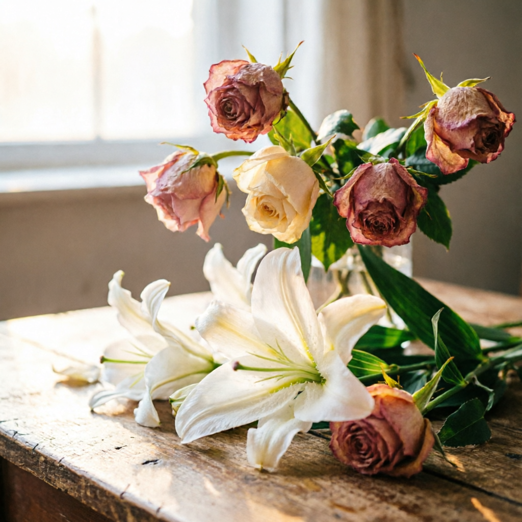 deuil amoureux après rupture - Image symbolisant un deuil. amoureux avec les fleurs sans aucun texte
