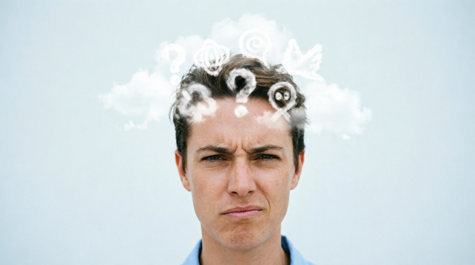 surréaction aux remarques extérieures - Image d'une personne avec un nuage de symboles au dessus de sa tete symbolisant des jurons
