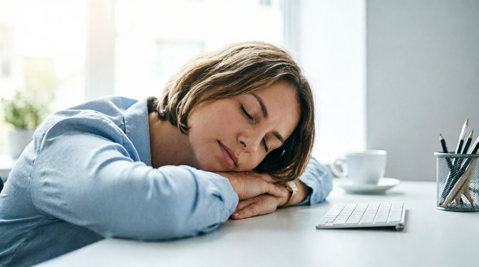 sieste de 15 minutes endormissement rapide - Serene professional resting peacefully at a minimalist desk during midday, eyes gently closed, soft 